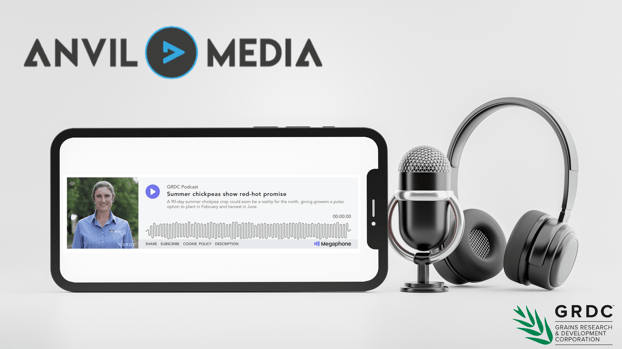 Podcast produced by Anvil Media playing in smartphone
